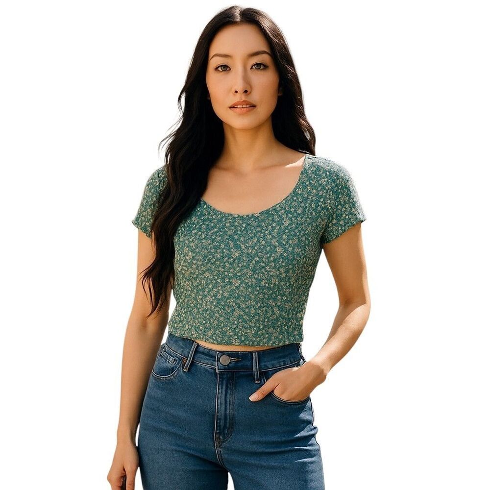 American Eagle Womens Sz S Green Floral Short Sleeve Crop Top Shirt